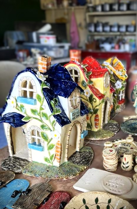 Miniature ceramic houses with intricate detail